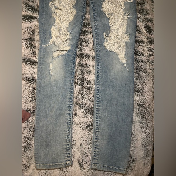 Silver ripped Denim skinny leg Jeans with lace - Picture 3 of 8